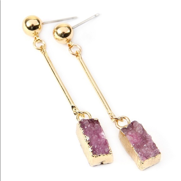 Gold with Purple Druzy Stone Dangle Earrings - Picture 2 of 6